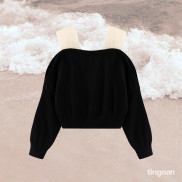 Áo len lửng trễ vai đen tingoan TEDDY SWEATER/BL